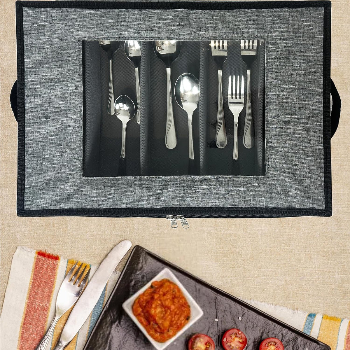 VERONLY Flatware Storage Case, Silverware Storage Box Chest with Dividers, 5 Compartment Cutlery Holder, Light Gray