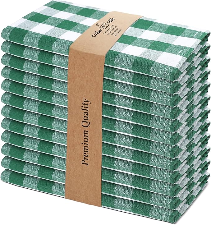Urban Villa Cotton Dinner Napkins Set of 12, Highly Absorbent Soft Premium Cloth Napkins 20x20 Inches, Hotel Quality Reusable & Washable Table DinnerNapkins for Home -(Hunter/White, Buffalo Checked)