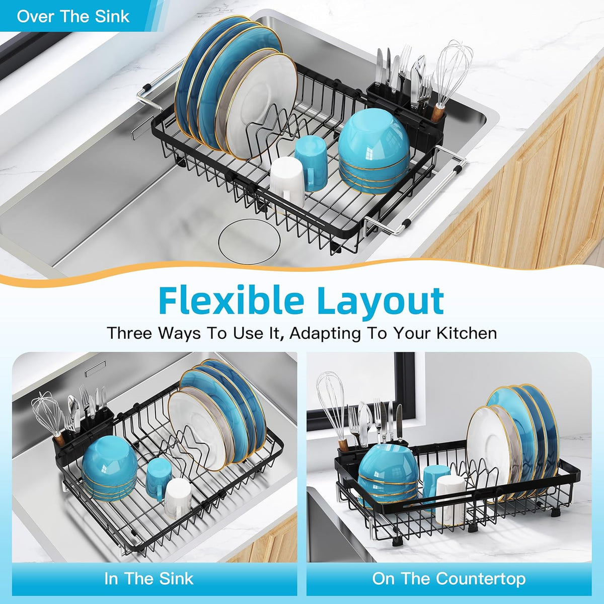 romision Expandable Dish Drying Rack Over The Sink Small Metal Stainless Steel Plate Holder for Compact Kitchen, Space Saving Modern Black Hanging Drainer
