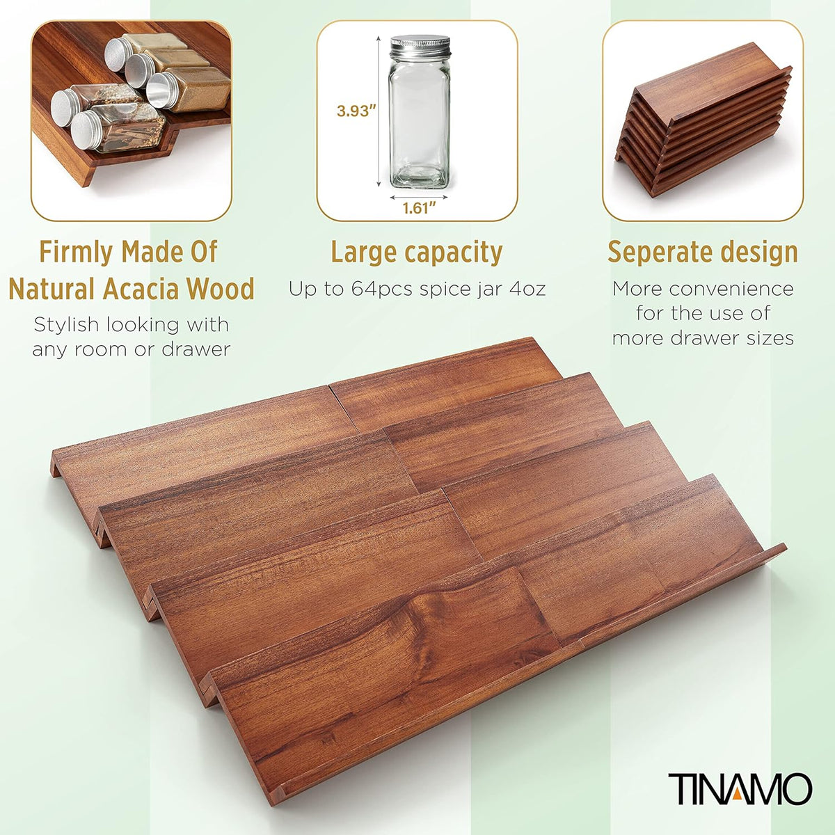 Tinamo Acacia Wooden Spice Rack Organizer for Cabinet - Spice Drawer Insert, Spice Organization for Cabinet, Seasoning Organizer, 4-Tier Spice Jar Rack for Drawer, Spice Holder Pack of 8 (64 Jars)