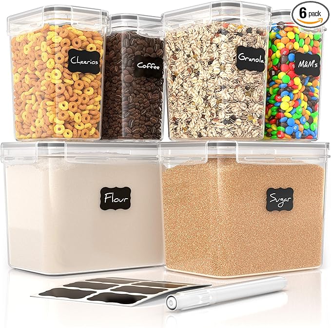 Simply Gourmet Airtight Food Storage Containers with Lids – 6 Piece Assorted Size Kitchen Pantry Organization Set, BPA-Free Clear Plastic, Stackable Containers for Cereal, Flour, Sugar, Rice, Snacks