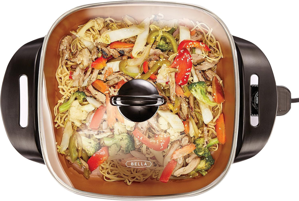 BELLA Electric Skillet and Frying Pan with Glass Lid, Nonstick Coating, Cool Touch Handles, Removable Heating Probe, Dishwasher Safe, 12 x 12 inch, Copper