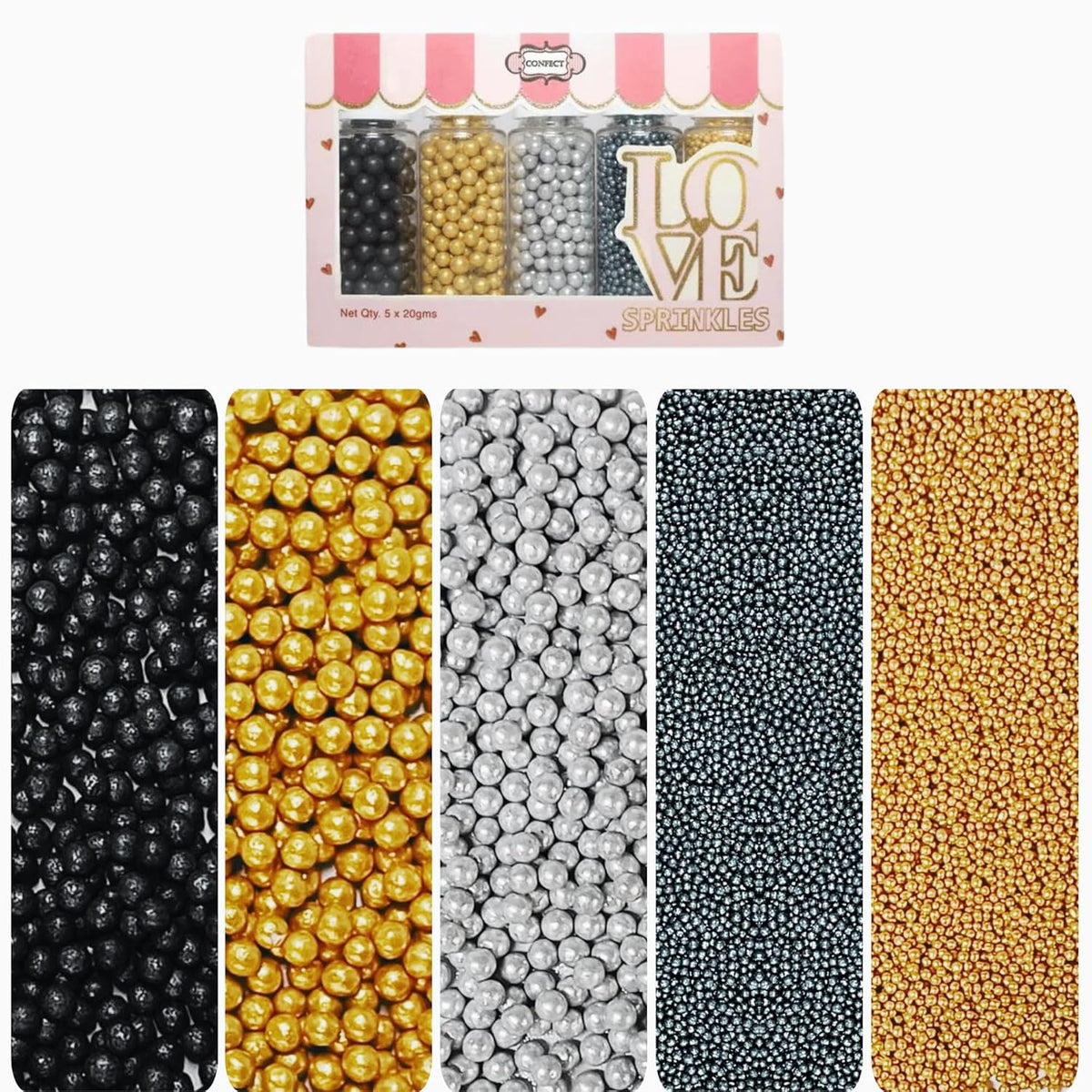 Confect Edible Galaxy Sprinkles | Sprinkles for Cakes & Cupcakes Decoration | pack of 5 Mix Black, Champagne Gold, Sliver, Grey & Golden Pearl | Vegan, Gluten-Free, Nut-Free, Soy-Free, Dairy-Free, Palm Oil-Free- 5 Oz