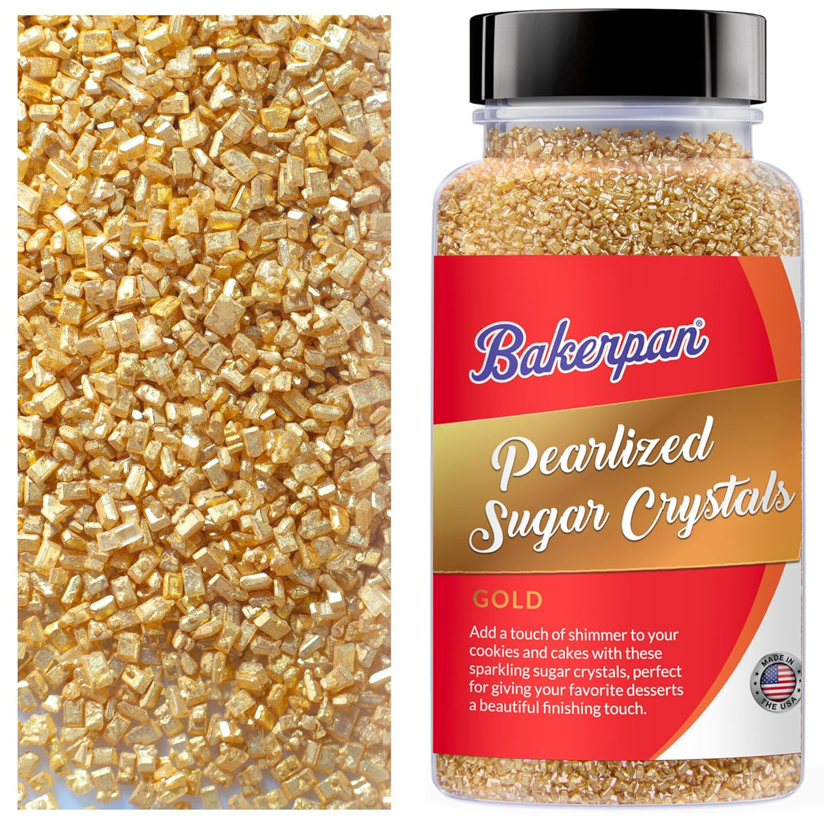 Bakerpan Pearlized Sugar Sprinkles for Baking - 5 Ounce - Sparkling Gold Decorating Sugar Crystals for Cookies, Cake Pops, Ice Cream (Made in USA)
