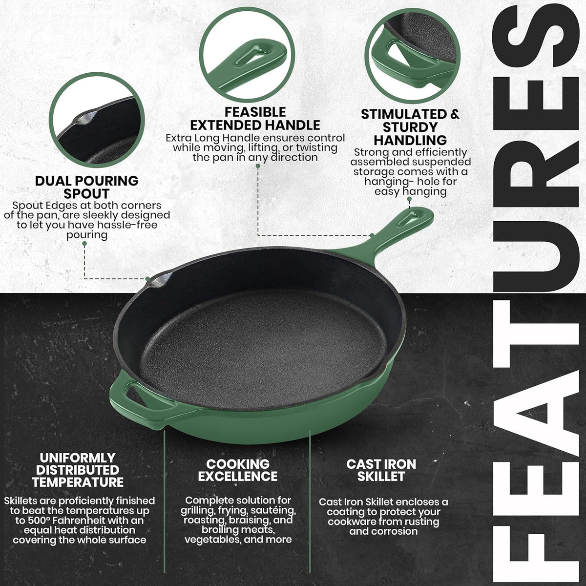 Utopia Kitchen Cast Iron Frying Pan 12.5 Inch, Cast Iron Chefs Pan, Pre Seasoned Skillet, Safe Grill Cookware for Indoor & Outdoor Use, Green