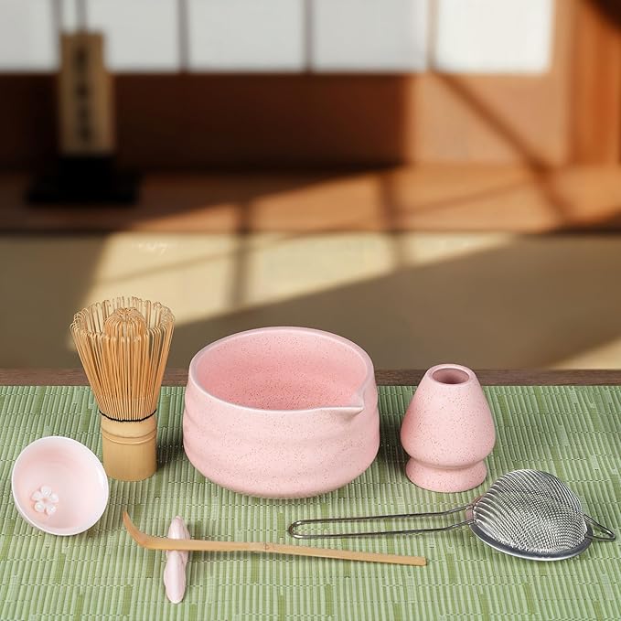 Matcha Whisk Set, 8-Piece Pink Matcha Set with Ceramic Bowl, Bamboo Whisk, Sifter, Large Mat and More – Complete Matcha Kit with Gift Box for Matcha Lovers
