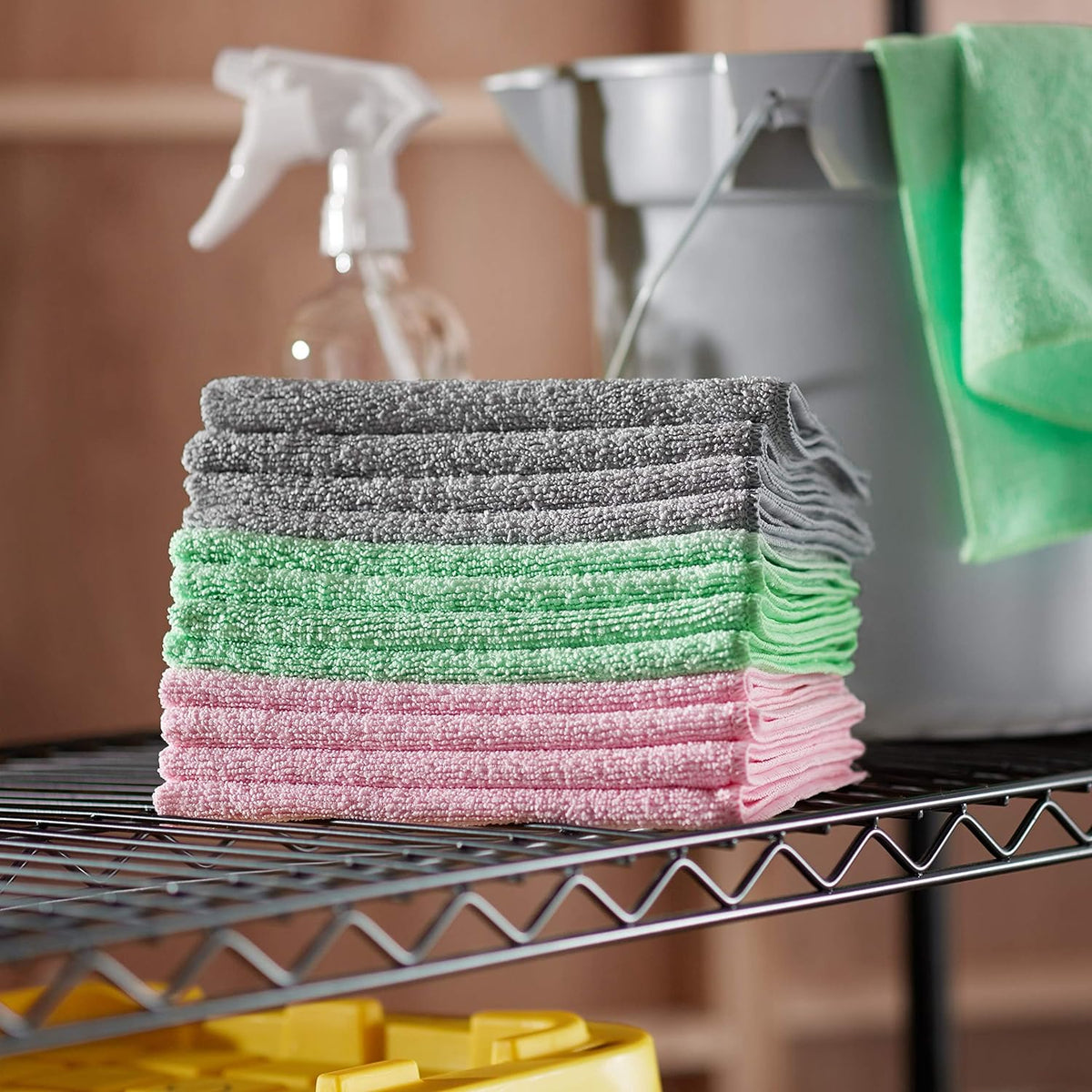 Amazon Basics Microfiber Cleaning Cloths, Non-Abrasive, Reusable and Washable, Pack of 48, Green/Gray/Pink, 16" x 12"