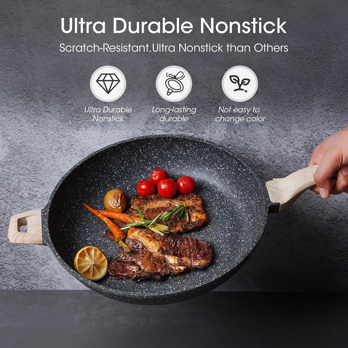 CAROTE Non Stick Frying Pan Skillet,12.5" Nonstick Skillet with Glass Lid, Granite Cookware Chef's Pan, PFOA Free (Classic Granite, 12.5-Inch)