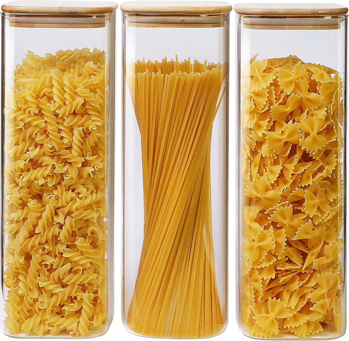 Square Glass Jars with Bamboo Lids 79 FL OZ [Set of 3], Glass Canisters with Airtight Lid, Glass Food Storage Containers for Spaghetti, Fettuccine, Linguine,Pasta, Best for Kitchen & Pantry