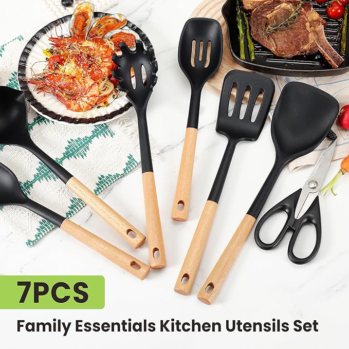 Large Silicone Cooking Utensils Set 7 Pcs, Wooden Handles Heat Resistant Spatula Set, Food Grade Silicone Kitchen Utensils Set with Holder, Gadgets BPA Free for Non-Stick Cookware