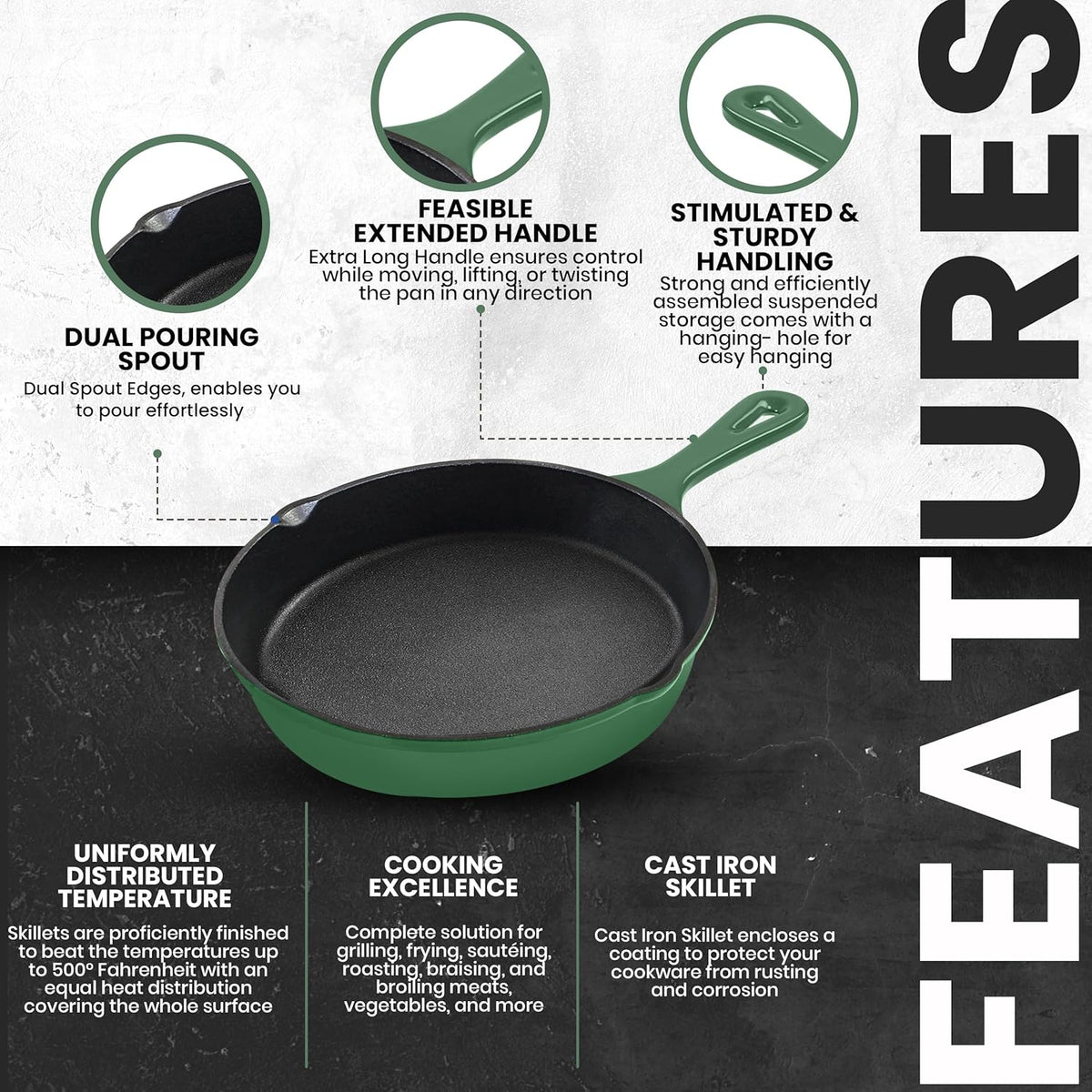 Utopia Kitchen Cast Iron Frying Pan 8 Inch, Cast Iron Chefs Pan, Pre Seasoned Skillet, Safe Grill Cookware for Indoor & Outdoor Use, Green