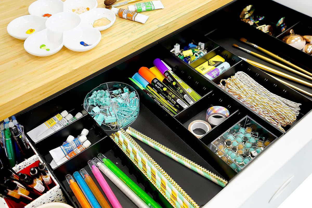 CAXXA 3 Slot Drawer Organizer with 4 Adjustable Dividers - 7 Compartments Junk Drawer Storage for Makeup & Vanity, Office Desk Supplies and Accessories, BLACK (2 pack)