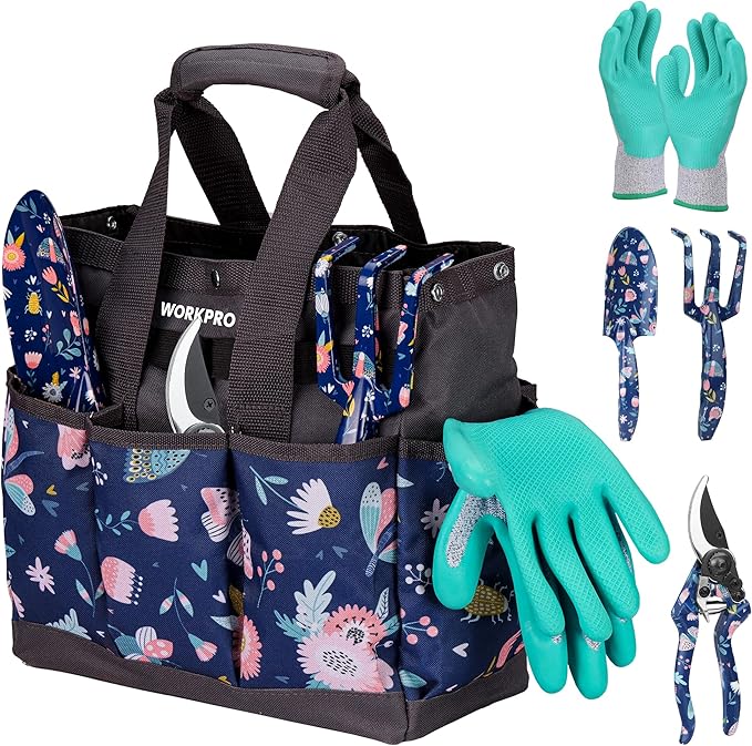 WORKPRO 5PCS Garden Tool Set, Aluminum Heavy Duty Gardening Tool Set with Garden Tool Bag, Outdoor Garden Hand Tools, Blue Insect and Flower