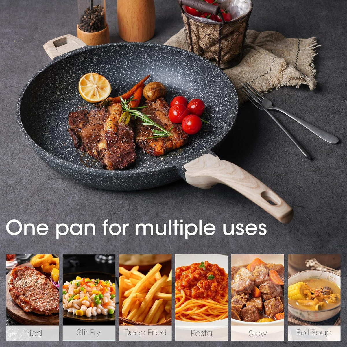 CAROTE Non Stick Frying Pan Skillet,12.5" Nonstick Skillet with Glass Lid, Granite Cookware Chef's Pan, PFOA Free (Classic Granite, 12.5-Inch)