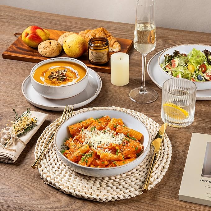 AmorArc 18 Pieces Ceramic Dinnerware Sets for 6, Handpainted Stoneware Plates and Bowls Set with Rustic Terracotta Underside, Scratch Resistant Dishes Set, Dishwasher & Microwave Safe, White
