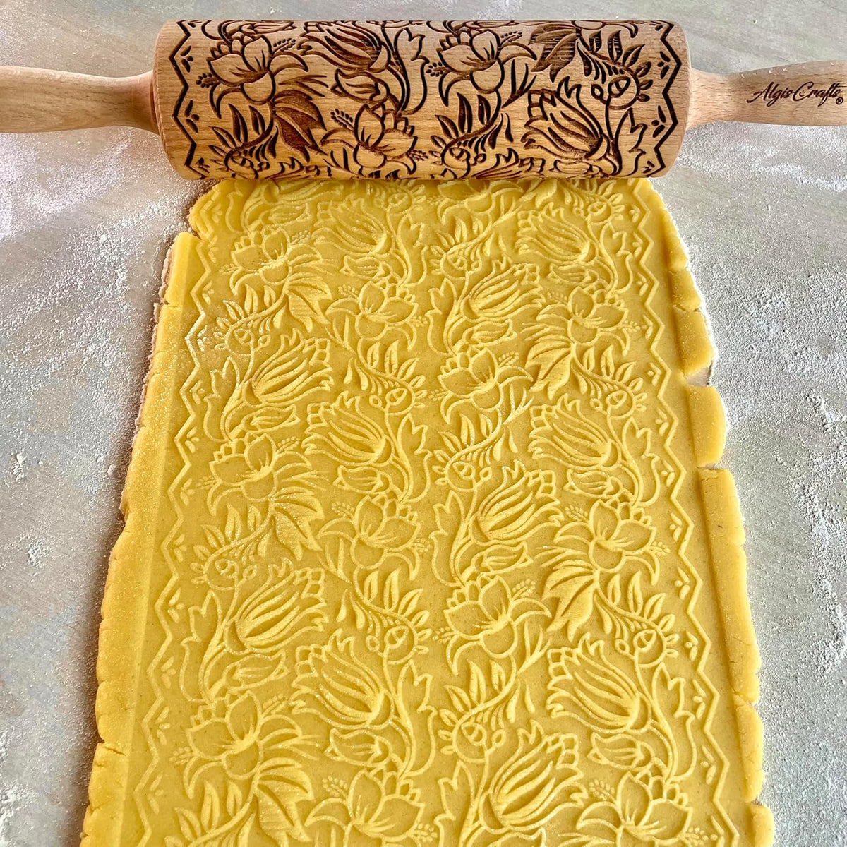 Embossing Rolling Pin BLOOMY with Floral Pattern – Dough and Clay Roller for Embossed Cookies and Pottery - Cookie and Ceramic Stamp - Baking Gifts for Women by Algis Crafts