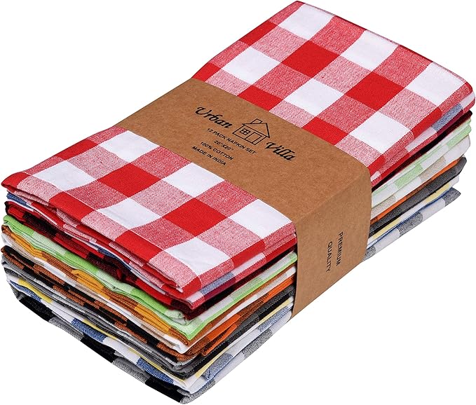 Urban Villa Cloth Napkins 100% Cotton Dinner Napkins Highly Absorbent 20x20 Inches (Set of 12) Multi Color Buffalo Checks Reusable Washable Soft Durable Premium Napkins Ideal for Home Wedding Parties