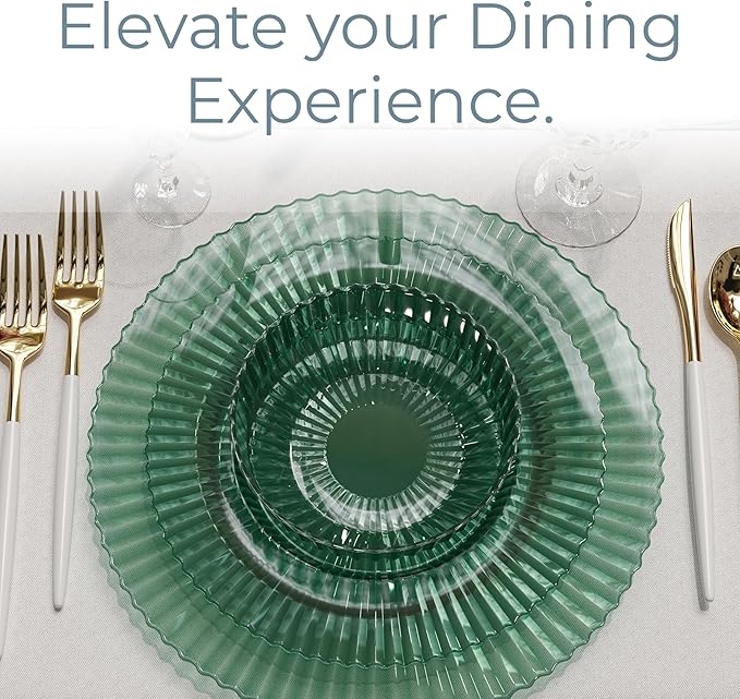 Exquisite 40 Piece Plastic Disposable Plates Set For 20 Guests I 20 X 9 Inch & 20 X 11 Inch Disposable Plastic Plates | Color: Green| Great for Weddings Parties And Formal Occasions