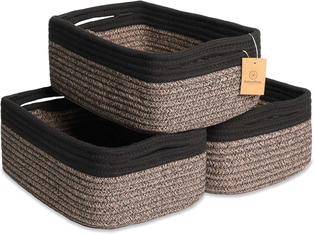 NaturalCozy 11.8"x8"x4.5” Rectangle Storage Baskets for Shelves 3 Pack | Cotton Rope Woven Small Baskets for Organizing | Small Storage Bins for Nursery, Bathroom, Closet, Shelf, Decorative, Gift