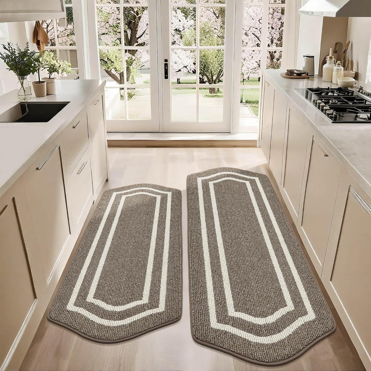 COSY HOMEER Long Kitchen Floor Mats for in Front of Sink Super Absorbent Kitchen Rugs and Mats 24"x48"+24"x59"Non-Skid Kitchen Mat Standing Mat Washable,Polypropylene,Brown,Frame