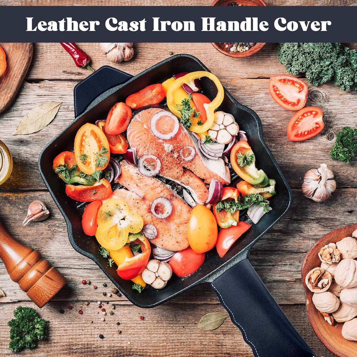 Baderke 4 Pcs Leather Cast Iron Handle Cover Handmade Leather Heat Resistant Skillet Handle Set Pot Holder for Hot Frying Pans, Pots(Blue)