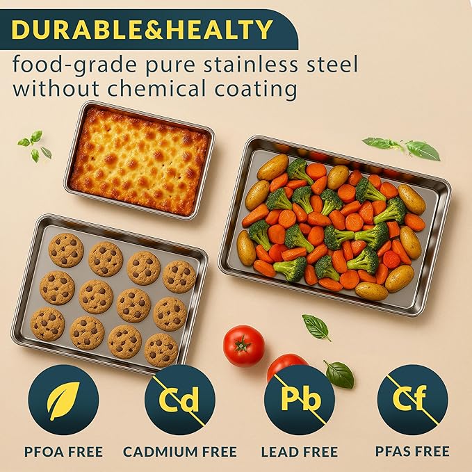 Baker’s Signature Stainless Steel Cookie Sheet Pan, Stainless Steel Baking Sheet Set of 3, Mirror Finish, Non-Stick, Rust Resistant, BPA Free, Dishwasher Safe, 9/12/16 Inch
