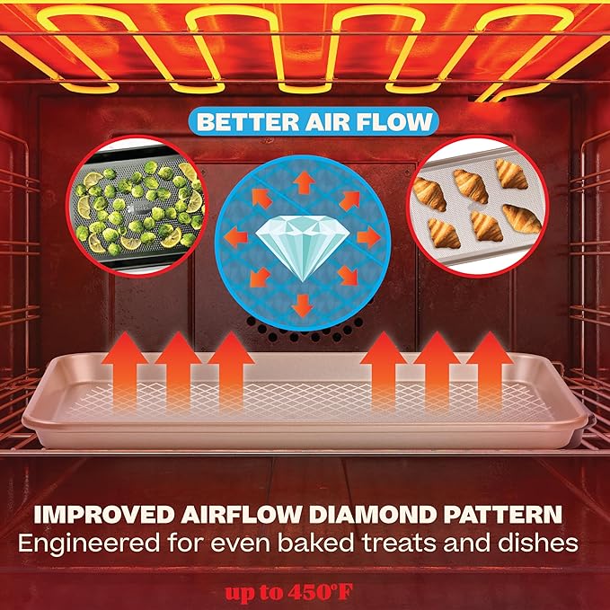 Baker's Secret Baking Sheet Pan Set, 3x Cookie Sheets for Oven, Diamond Texture Premium Air Flow, Set of 3 Baking Trays, Extra Thick 0.6mm with Diamond Base PFOA, PFOS, PTFE and PFAS free