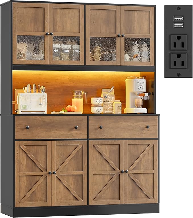 FINETONES 71" Pantry Cabinet with LED Light and Charging Station, Farmhouse Kitchen Pantry Cabinet with Microwave Stand, 47.2" Wide Kitchen Hutch Food Pantry with Open Countertop, Black/Brown