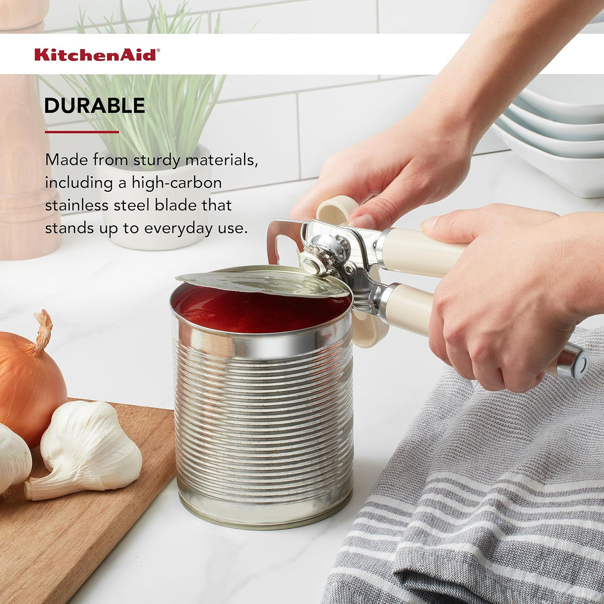 KitchenAid Classic Multifunction Can Opener and Bottle Opener Easy to Use, Razor Sharp Stainless Steel Cutting Wheel, Soft Ergonomic Handles, Almond Cream