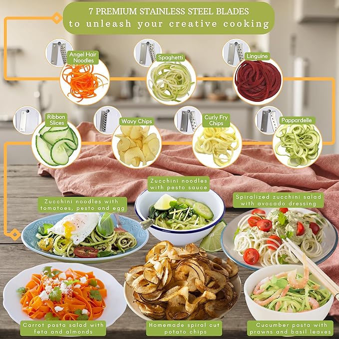 Brieftons 7-Blade Vegetable Spiralizer: Strongest-Heaviest Spiral Slicer, Best Veggie Pasta Spaghetti Maker for Low Carb/Paleo/Gluten-Free Meals, With Container, Lid, Blade Caddy & 4 Recipe Ebooks
