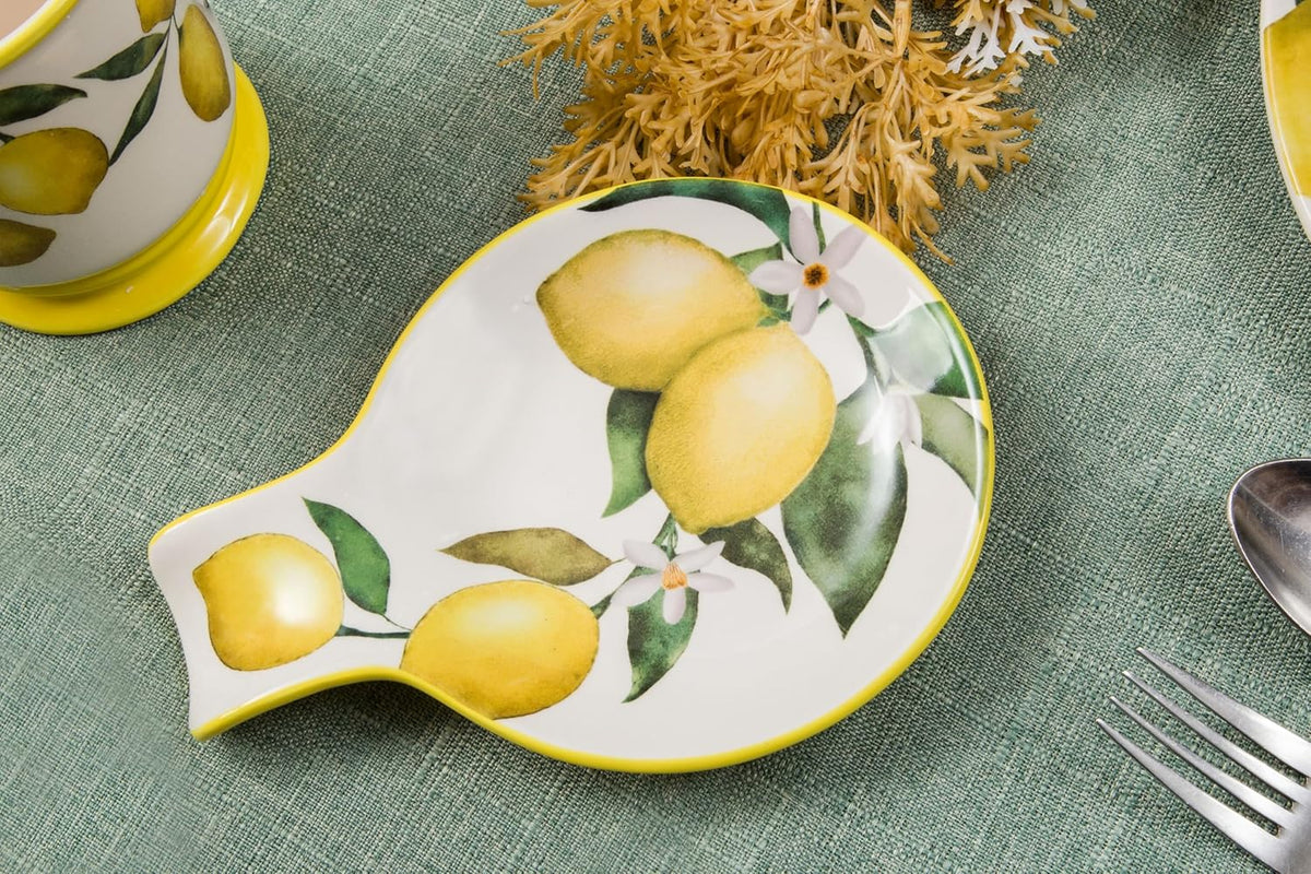 Bico Lemon Dreams Spoon Rest for Stove Top, Ceramic Spoon Holder for Kitchen Counter, Easy to Clean Coffee Spoon Rest Dishwasher Safe, Kitchen Cooking Utensil Rest for Ladles Spatula