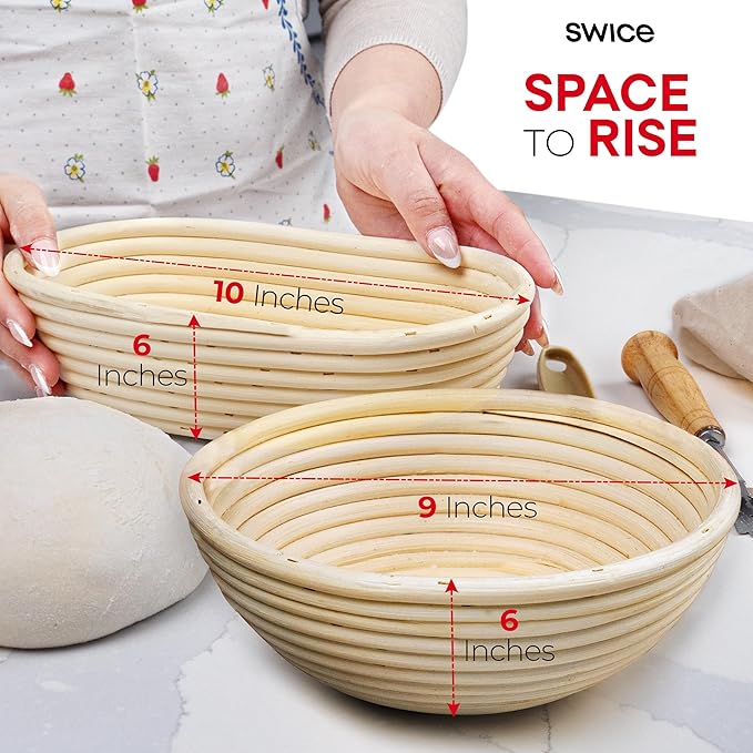 Swice Bread Proofing Basket Set, 9-Inch Round & 10-Inch Oval Banneton Sourdough Starter Kit with Lame, Dough Scraper, Linen Liner, and Basting Brush, Complete Bread Making Supplies and Tools
