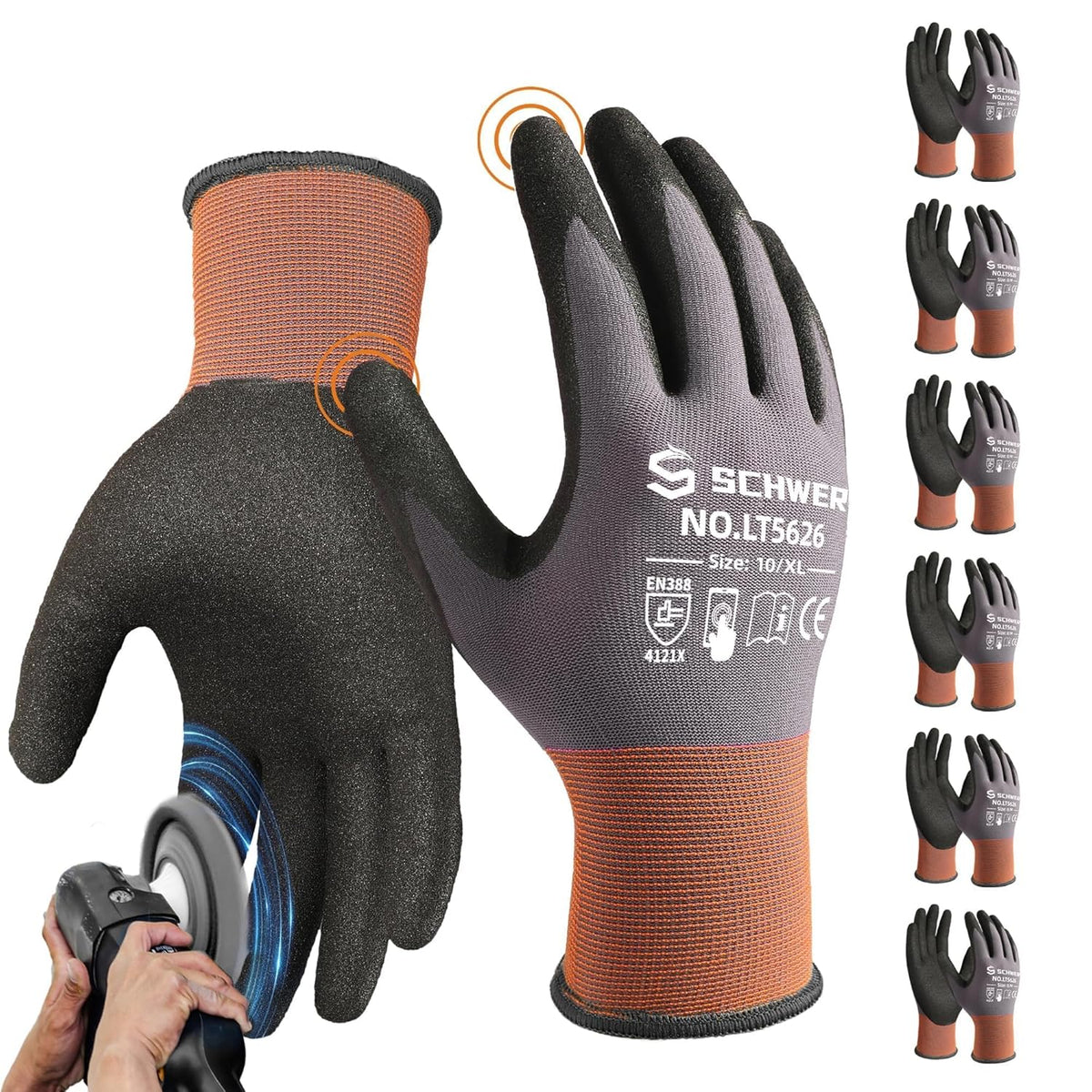 Schwer 6 Pairs Safety Work Gloves with Sandy Nitrile Coating LT5626, Max Abrasion Resistance Heavy Duty Gloves with Grip for Men and Women, Ideal for General Use, Mechanic, Construction, Gardening, XL