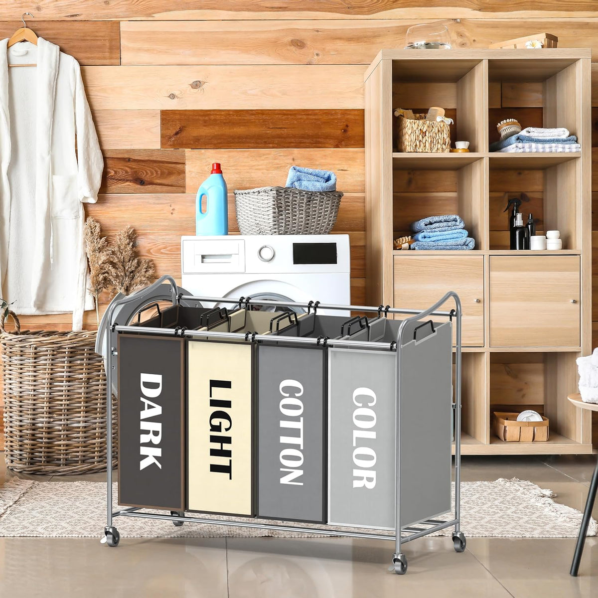 Simple Houseware 4-Bag Heavy Duty Laundry Sorter Rolling Cart, Silver/Assorted