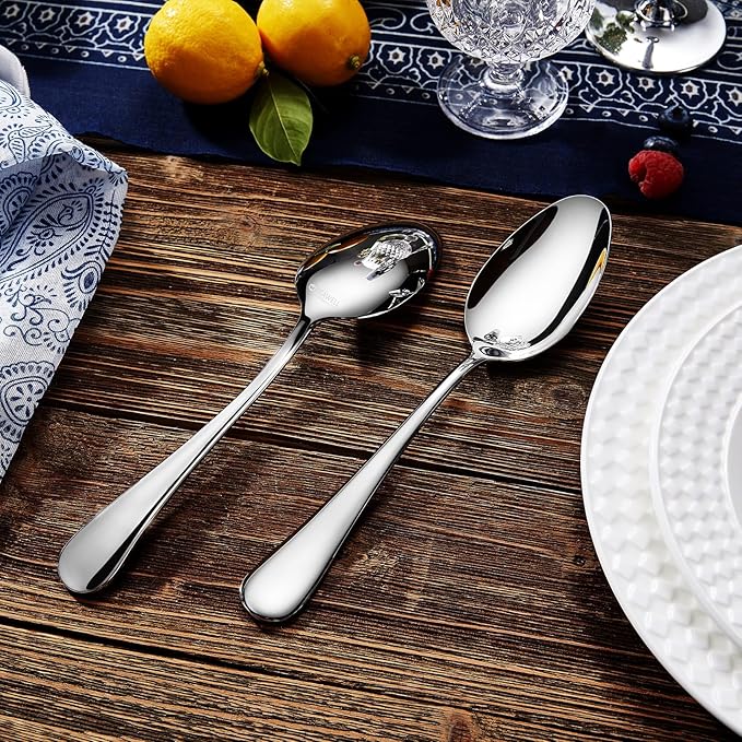 KEAWELL Premium Verona 4-Piece 9 inch Spoon Set – 18/10 Stainless Steel, Heavy-Duty Mirror-Finished Flatware for Daily Meals, Hosting and Special Occasions (4, Serving Spoons and Slotted Spoons)