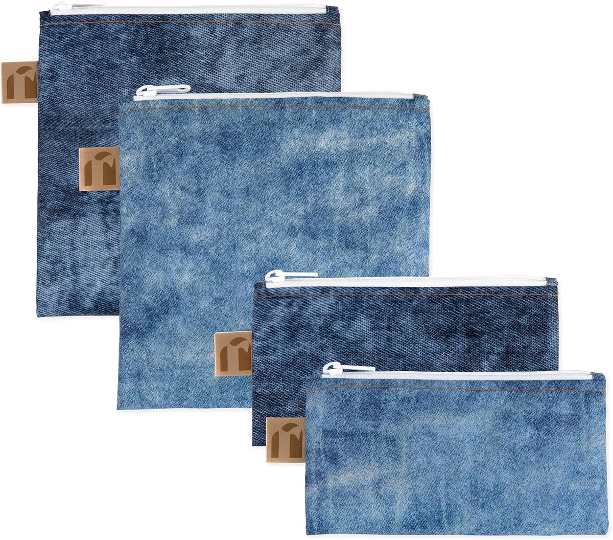 Roamio Reusable Sandwich and Snack Bags, for Kids School Lunch and for Adults Portion, Washable Fabric, Waterproof Cloth Zip Bag, Pack Travel Pouch, Food-Safe Storage, 4-pack Set Faux Denim On Denim