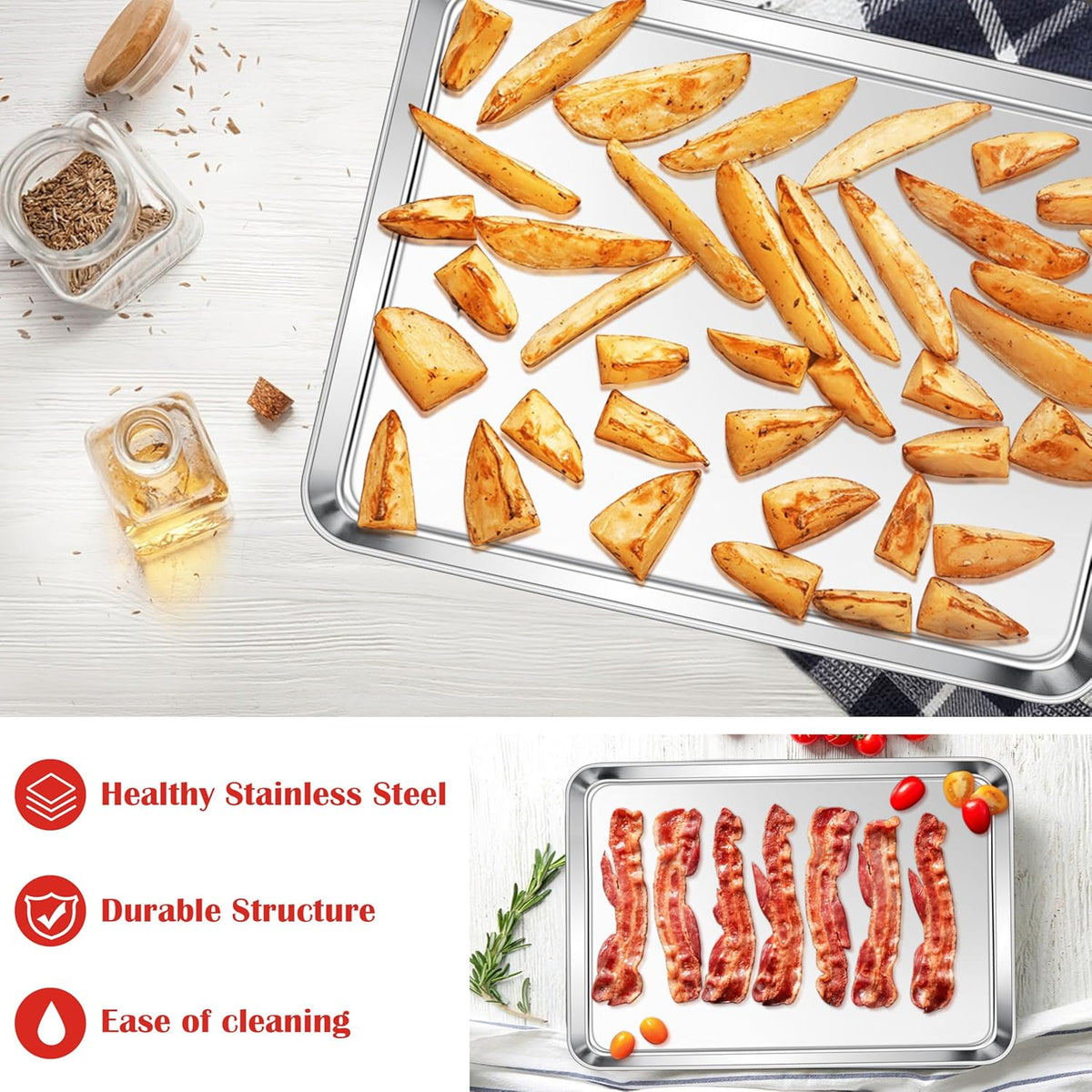 E-far Cookie Sheets for Baking, 18”x13” Stainless Steel Baking Sheet Pans for Oven, Large Non Toxic Metal Baking Tray for Baking Roasting, Healthy & Rust Free, Mirror Finish & Dishwasher Safe, 2 Pack
