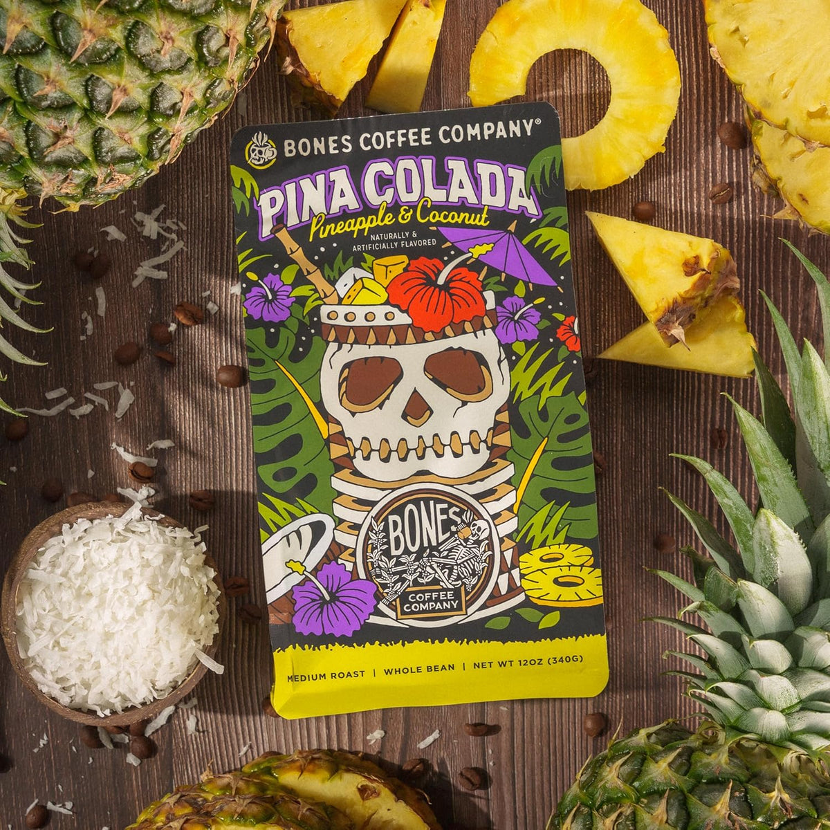 Bones Coffee Company Pina Colada, Pineapple and Coconut Flavored Coffee, Medium Roast Low Acid Arabica Beans Compatible with Auto drip and French Press Coffee Maker, 12 Oz Whole Bean