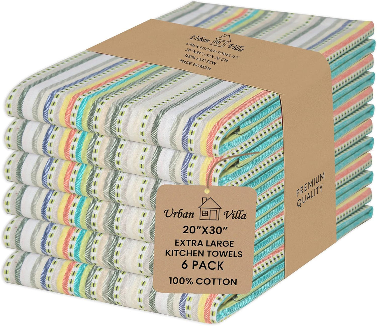 Urban Villa Easter Kitchen Towels,Beige Multi Dobby Stripes,Premium Quality,100% Cotton Dish Towels, Mitered Corners,Ultra Soft (Size: 20x30 Inches), Highly Absorbent Bar & Tea Towels (Set of 6)