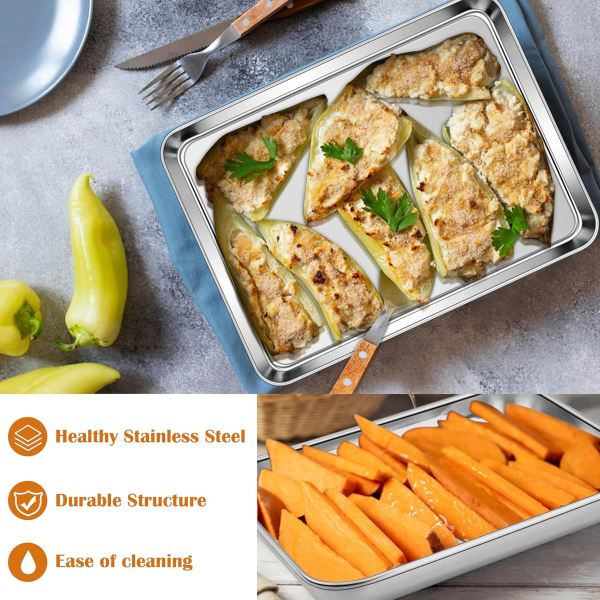 E-far Small Baking Sheet Set of 2, 10.5”x8.3” Stainless Steel Cookie Sheets Pans, Compact Non-toxic Metal Toaster Oven Trays for Cake, Healthy & Rust Free, Mirror Finish & Dishwasher Safe