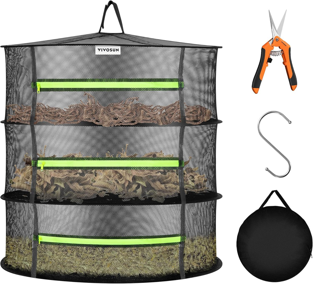 VIVOSUN 3-Layer Mesh Drying Rack Hanging Design with Green Zippers for Dehydrating, Indoor and Outdoor Pruning Shears Included