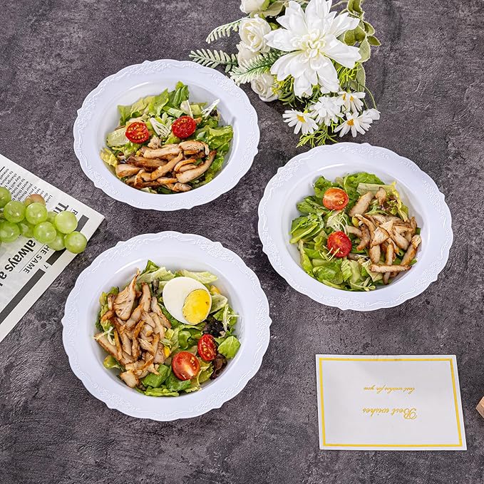 DaYammi 30 Pack Plastic Bowls, 12oz Disposable Soup Bowls, Heavy Duty Dinner Bowls for Weddings, Parties, Dinners, Catering and Everyday Use