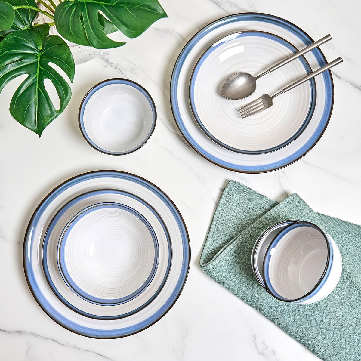 Sango Siterra Santorini 16-Piece White Stoneware Dinnerware Set – Service for 4, Plate & Bowl Set, Rustic White with Reactive Blue Glaze, for Daily Dining & Entertainment, Microwave & Dishwasher Safe