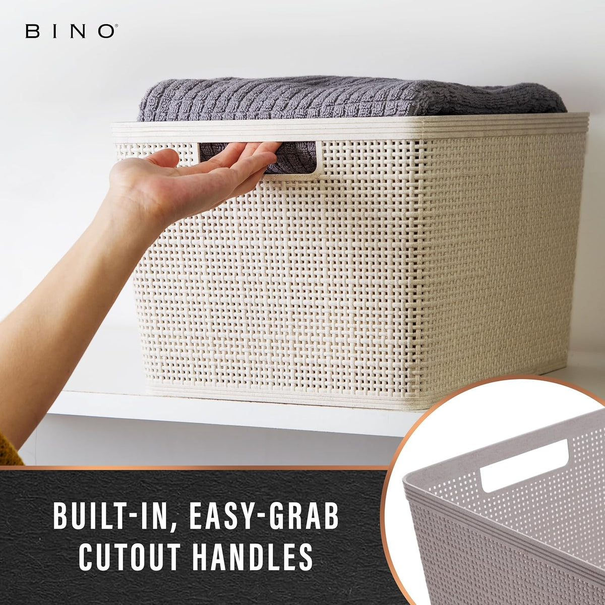 BINO | Woven Plastic Basket | Large (Natural Grey), 3-Pack | THE JUTE COLLECTION | Home Organization, Space - Saving Storage, Stylish Design | Jute Basket | Plastic Storage Basket