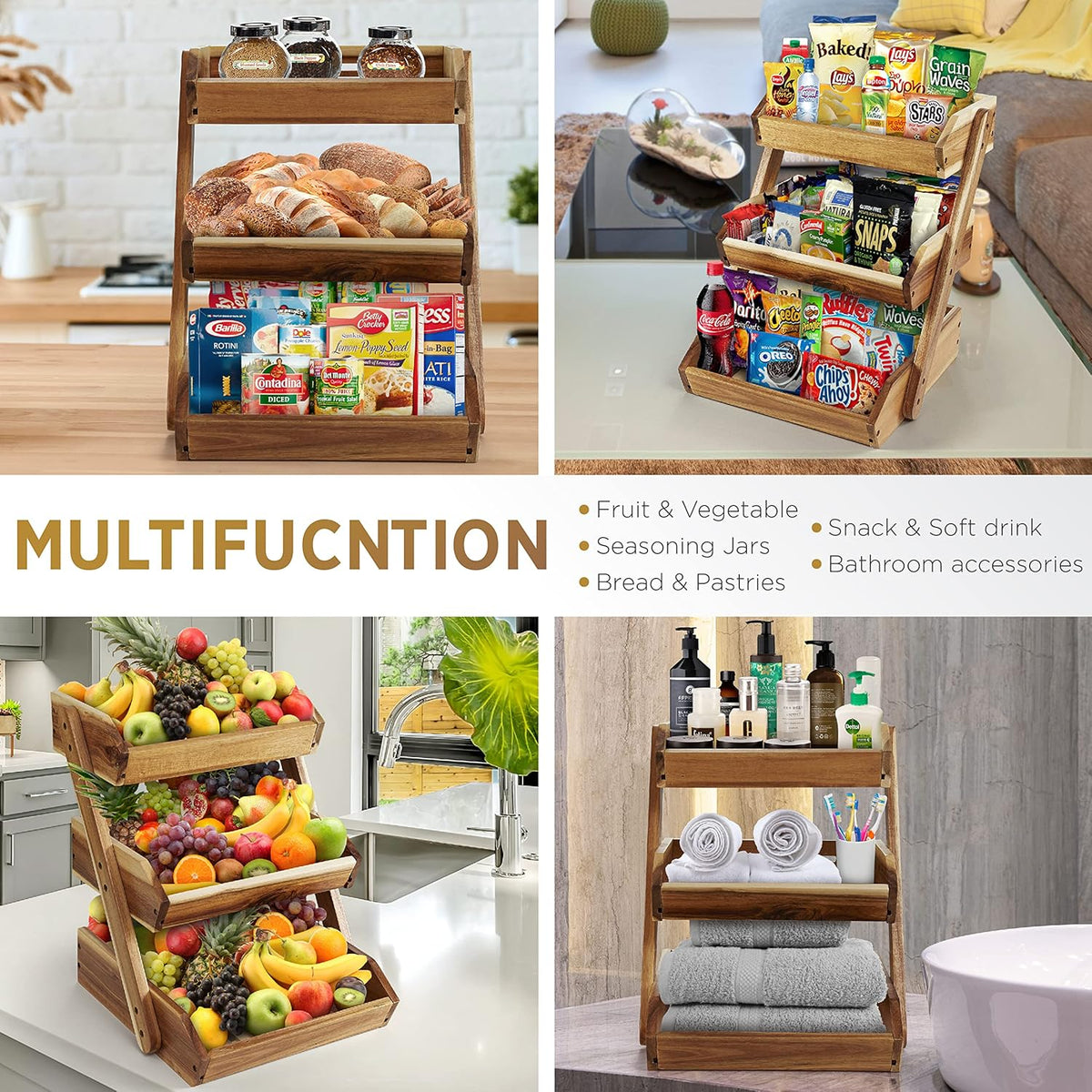 3-Tier Fruit Basket for Kitchen - Durable, Multifunctional, Large Capacity Fruit & Veggie Stand with Snack Organizer