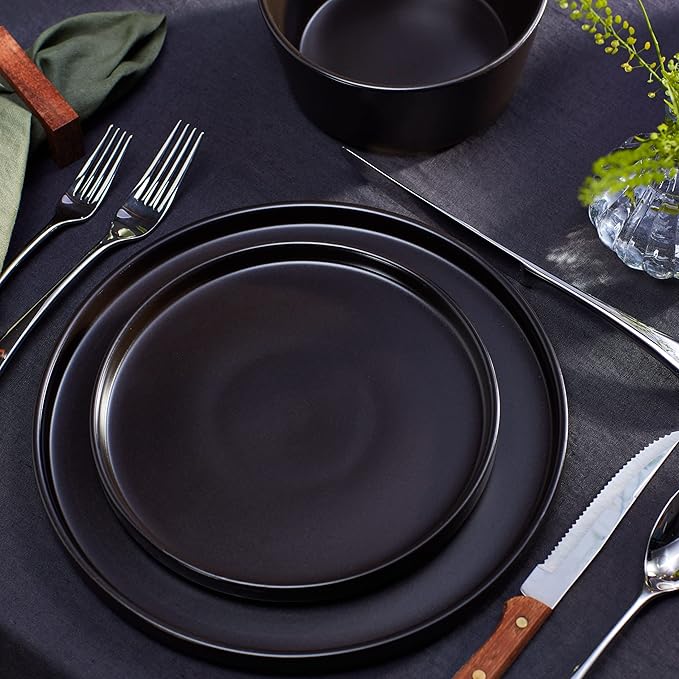 Stone Lain 32-Piece Black Matte Dinnerware Set + 4-Piece Black Stoneware Pasta Bowl Set