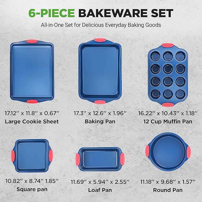 NutriChef 6-Piece Non Toxic Bakeware Set – Carbon Steel Baking Pan Includes Cookie, Muffins, Loaf, Bread, Round & Square Pans, Non-Stick, Easy Release, & Easy Clean