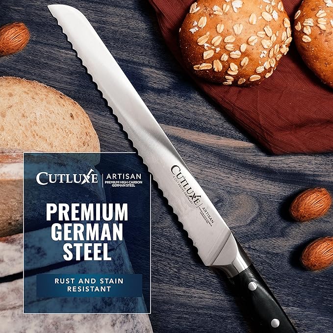 Cutluxe Bread Knife – 10" Serrated Knife for Homemade, Sourdough Bread – Forged High Carbon German Steel – Full Tang & Razor Sharp – Ergonomic Handle Design – Artisan Series