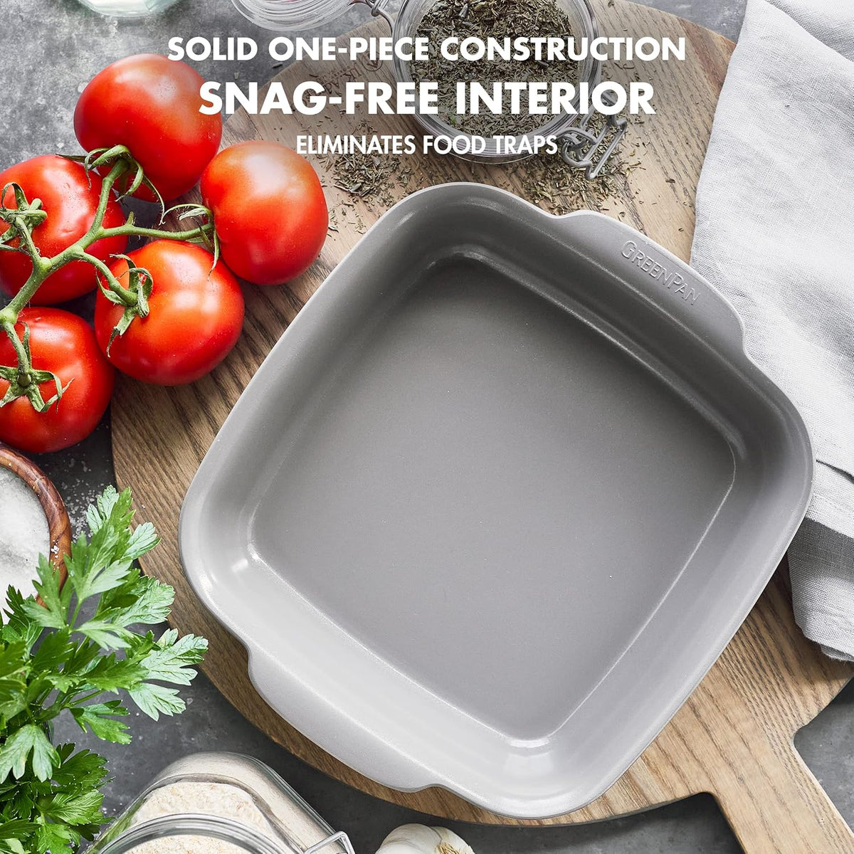 GreenPan Premiere Ovenware Healthy Ceramic Nonstick 8" Square Cake Baking Pan, Cast Aluminum Bakeware, Warp-Free, Oven and Broiler safe to 600F, Dishwasher Safe, PFAS-Free, Gray