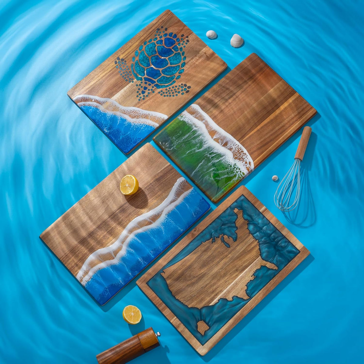 Acacia Wood Cutting Board With Blue Resin Wave & Sea Turtle Epoxy Resin Ocean Pan for Kitchen Meal Prep Serving Tray Versatile Cheese & Charcuterie Board for Meat Vegetable Gift 15*10 inch